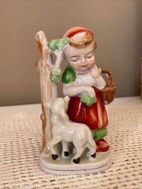 Hand-Painted Ceramic Girl with Lamb Figurine in Red and Green